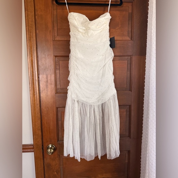 Lulus Sparkling Babe White Mesh Rhinestone Ruched Strapless Midi Dress - Picture 4 of 8
